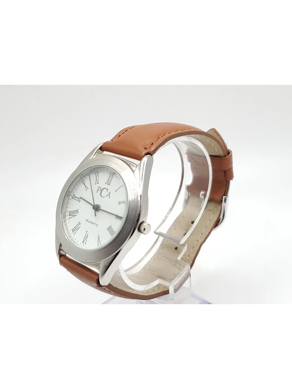 PCA Wristwatch Brown Leather Band Analog Quartz Wrist Watch New Battery 34mm